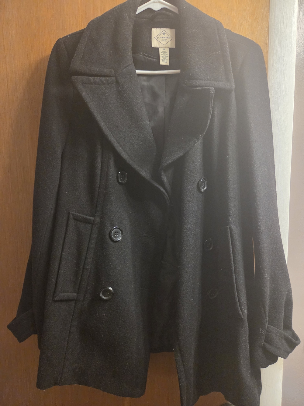 St. John's Bay Black Double-Breasted Wool Pea Coat